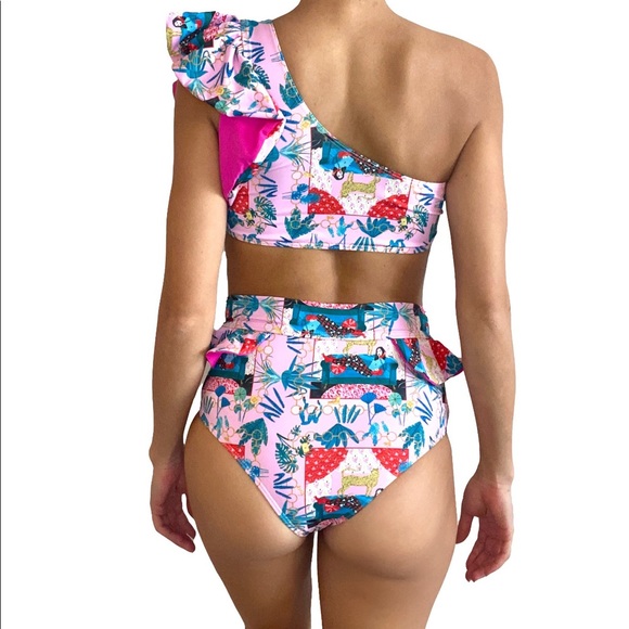 One-Shoulder Ruffle Bikini Set | Tropical High-Waisted | Size M - Picture 4 of 8